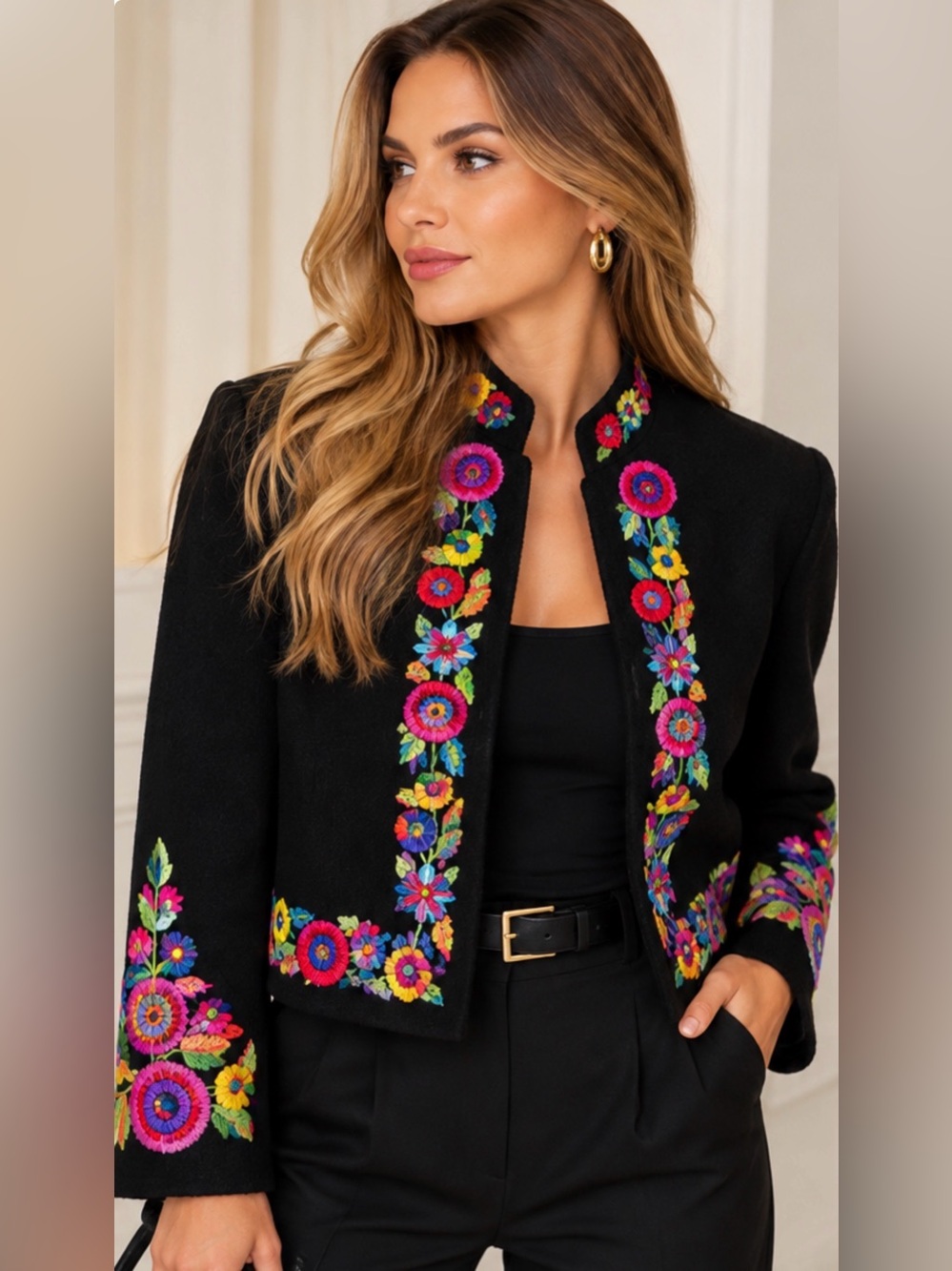 Simon Chang Vintage Black Jacket with Multicolor Floral Embroidery Wool size XS